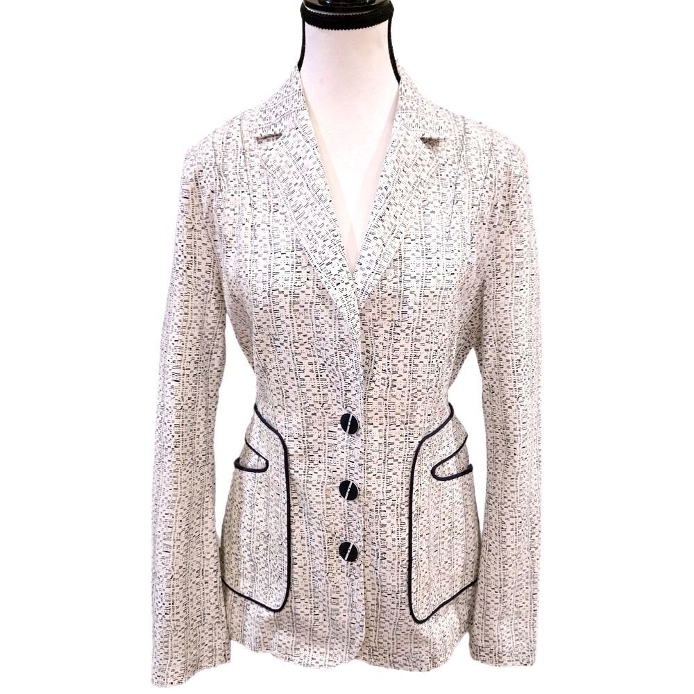 CAbi Code Blazer #204 Womens 8 White Navy Cotton Stretch Longline Office Jacket